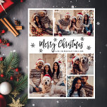 Schwarz-weiße Schneeflocke 5 FotoCollage Weihnacht Feiertagskarte<br><div class="desc">Rustikale Minimalistische Moderne einfache Kalligrafie Schwarz und Weiß Schneeflocke 5 FotoCollage Frohe Weihnachts Script Holiday Card. Diese festliche, elegante, skurrile 5 (5) Foto-Urlaubskarte-Vorlage verfügt über eine hübsche Gitter-Foto-Collage, etwas Schneeflocke und sagt "Frohe Weihnachten"! Der Grußtext "Frohe Weihnachten" ist in einem handgeschriebenen Schriftart in Schwarz auf weißem Hintergrund geschrieben. Auf der...</div>