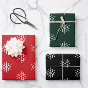 Schwarz-weiße Schneeflocken, dunkelgrün Geschenkpapier Set