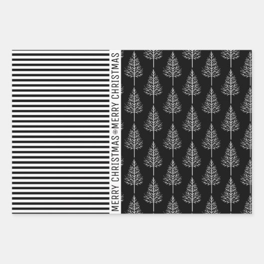 Schwarz-weiße Schneeflocken Weihnachtsbäume und St Geschenkpapier Set (Vorderseite 3)