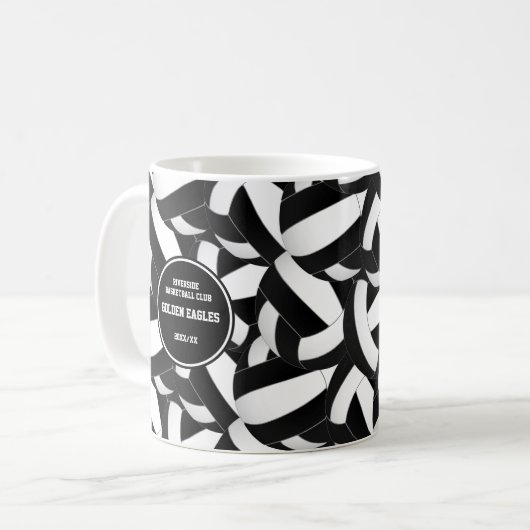 Schwarz-weiße Schulfarben Volleyballbussen Kaffeetasse (Vorderseite Links)