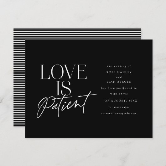 Schwarz-weiße Script-Liebe Hochzeit ändern Datum Ankündigung (Vorne/Hinten)