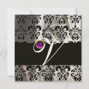SCHWARZ WEIßE SEIDEN-DAMAST-MONOGRAMM LILA AMETHYS EINLADUNG