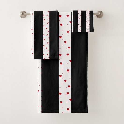 Schwarz-weiße senkrechte Streifen rote Herzen Badhandtuch Set (Insitu)