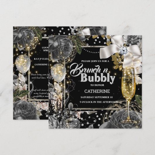 Schwarz-weiße Shabby Chic-Glitzer-Rose Einladung (Vorne/Hinten)