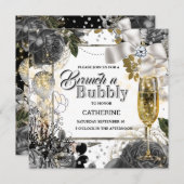 Schwarz-weiße Shabby Chic-Rose-Blase-Glitzer Einladung (Vorne/Hinten)