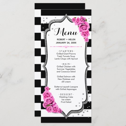 Schwarz-weiße Silber-Rosa-Menükarte Programm (Vorne/Hinten)