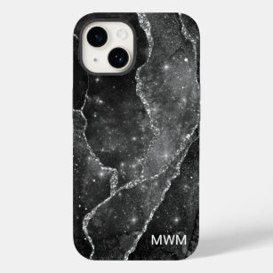 Schwarz-weiße Silbervenen Agate Monogramm Case-Mate iPhone 14 Hülle