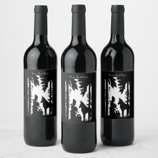 Schwarz-weiße Silhouette Riding Hood Wolf in Holz Weinetikett (Flaschen)