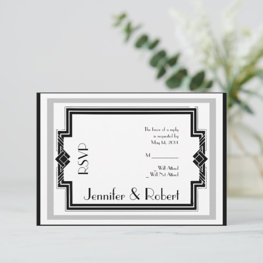 Schwarz-weiße Silver Art Deco Frame Response Card RSVP Karte (Stehend Vorderseite)