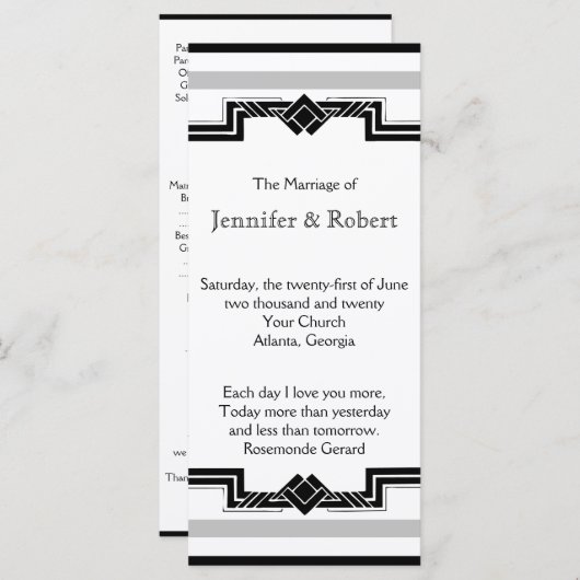 Schwarz-weiße Silver Art Deco Rahmen Hochzeitsprog Programm (Vorne/Hinten)