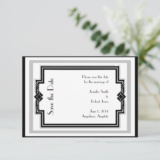 Schwarz-weiße Silver Art Deco Rahmen Save the Date (Stehend Vorderseite)