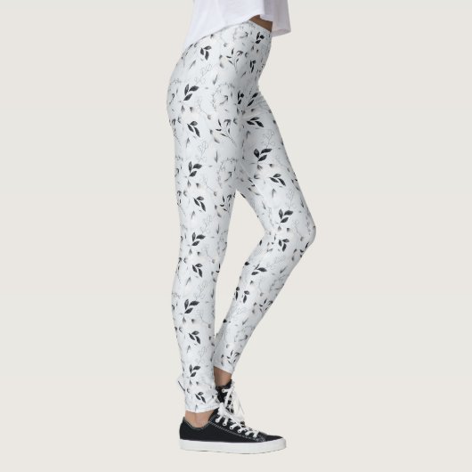 Schwarz-weiße Silver Gray Floral Blätter Leggings (Rechts)