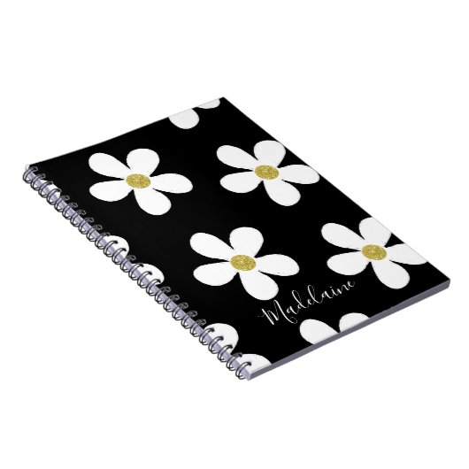 Schwarz-weiße Simple Daisy Pattern Gold School Notizblock (Rechte Seite)