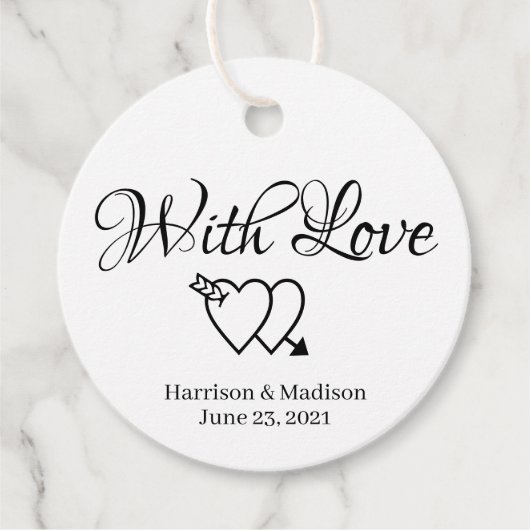 Schwarz-weiße Skriptherzen Hochzeitsgeschenk Geschenkanhänger (Vorderseite)