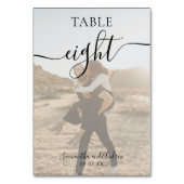 Schwarz-weiße Skriptnamen Fotos Hochzeit Tischnummer (Vorderseite)