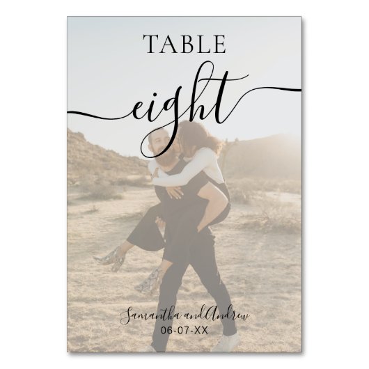 Schwarz-weiße Skriptnamen Fotos Hochzeit Tischnummer (Vorderseite)