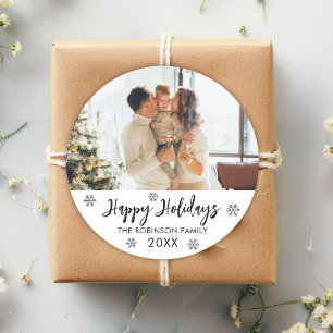 Schwarz-weiße Snowflake Familie Foto Happy Holiday Runder Aufkleber