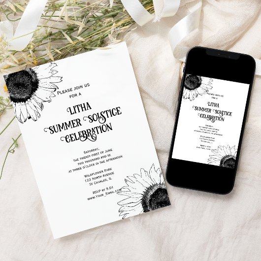 Schwarz-weiße Sonnenblumen Litha Summer Solstice P Einladung