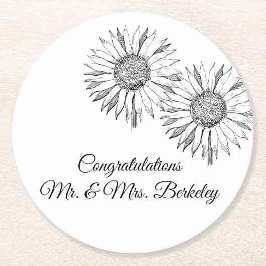 Schwarz-weiße Sonnenblumenpapier-Untersetzer für H Runder Pappuntersetzer (Vorderseite)