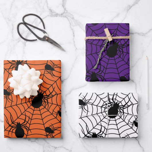 Schwarz-weiße Spinnennetzmuster Halloween Geschenkpapier Set (Vorderseite)