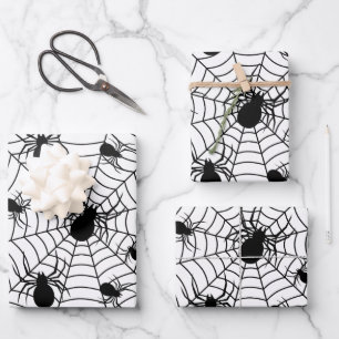 Schwarz-weiße Spinnennetzmuster Halloween Geschenkpapier Set