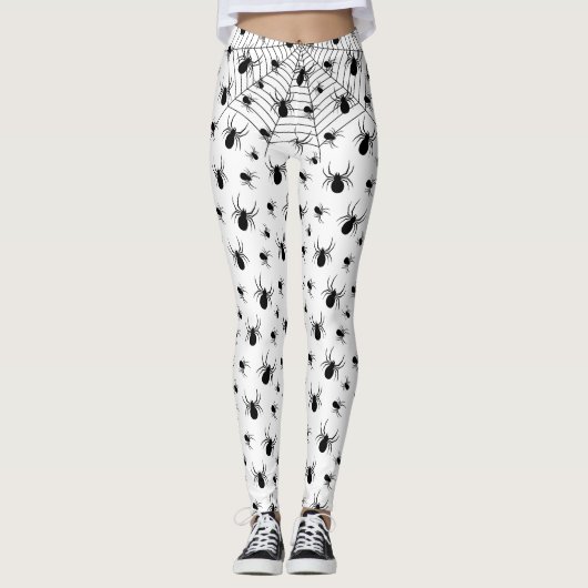 Schwarz-weiße Spinnennetzmuster Halloween Leggings (Vorderseite)
