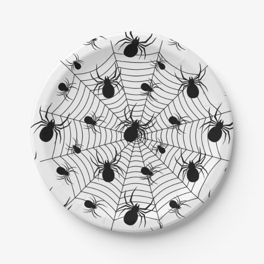 Schwarz-weiße Spinnennetzmuster Halloween Pappteller (Vorderseite)