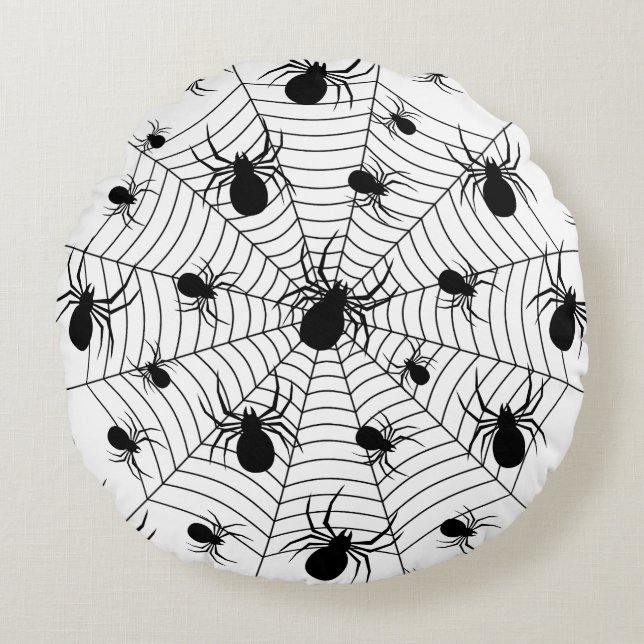 Schwarz-weiße Spinnennetzmuster Halloween Rundes Kissen (Vorderseite)
