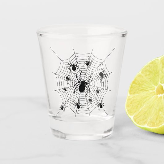 Schwarz-weiße Spinnennetzmuster Halloween Schnapsglas (Vorderseite)