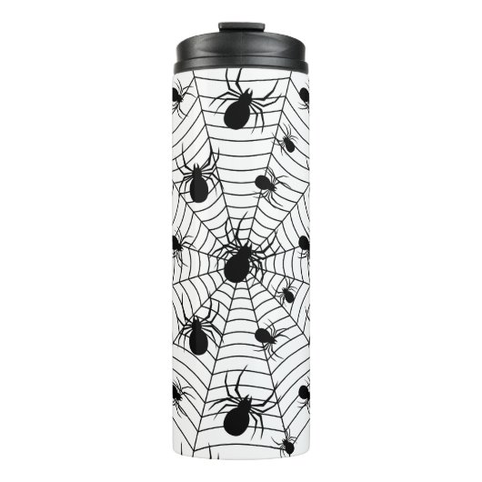 Schwarz-weiße Spinnennetzmuster Halloween Thermosbecher (Vorderseite)
