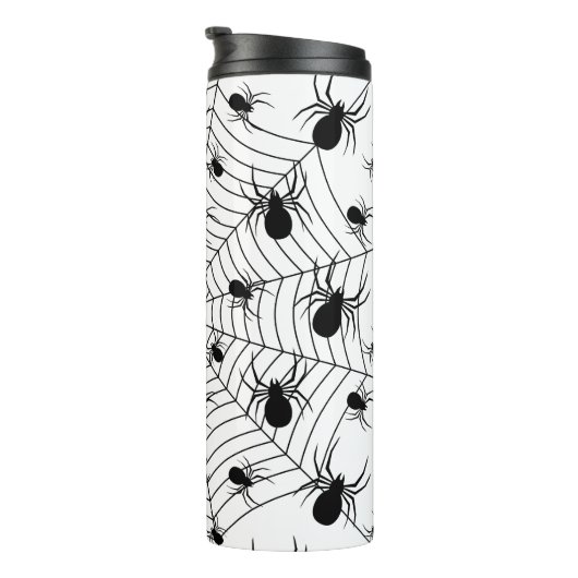 Schwarz-weiße Spinnennetzmuster Halloween Thermosbecher (Nach rechts gedreht)