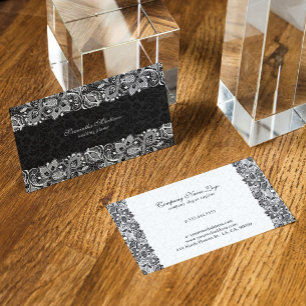 Schwarz-weiße Spitzen-Blumen-Damaskus-Hochzeitspla Visitenkarte