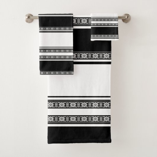 Schwarz-weiße Spitzenflechte und horizontale Strei Badhandtuch Set (Insitu)