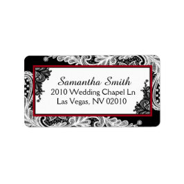Schwarz-weiße Spitzenroter Akzente Hochzeitstempel Adressaufkleber