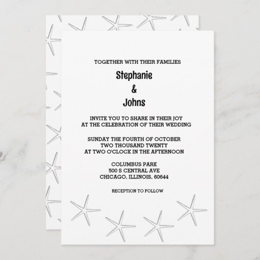 Schwarz-weiße Starfish Beach Hochzeit in Urlaubsor Einladung (Vorne/Hinten)