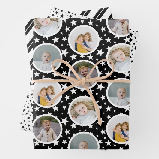 Schwarz-weiße Sterne Streifen FotoCollage Weihnach Geschenkpapier Set (Beispiel)