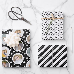 Schwarz-weiße Sterne Streifen FotoCollage Weihnach Geschenkpapier Set