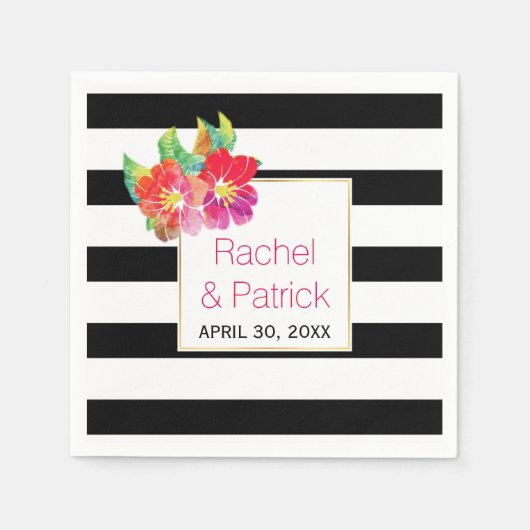 Schwarz, weiße Streifen, Aquarellfarben Blume Hoch Serviette (Vorderseite)