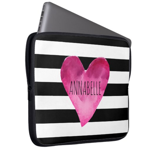 Schwarz + Weiße Streifen Aquarellfarben Laptopschutzhülle (Vorne Rechts)