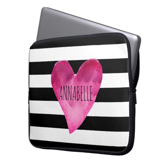 Schwarz + Weiße Streifen Aquarellfarben Laptopschutzhülle (Vorderseite Links)