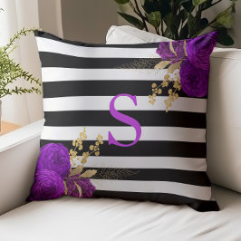 Schwarz-weiße Streifen aus lila Gold-Floral-Monogr Kissen
