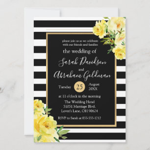 Schwarz-weiße Streifen Blumen Rosen Hochzeit Einladung