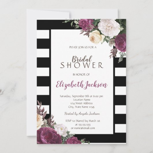 Schwarz-weiße Streifen Blumenmuster Brautparty Einladung (Vorderseite)