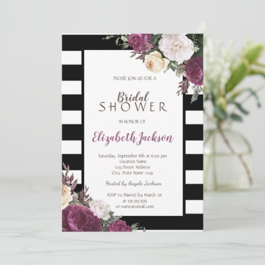Schwarz-weiße Streifen Blumenmuster Brautparty Einladung (Stehend Vorderseite)