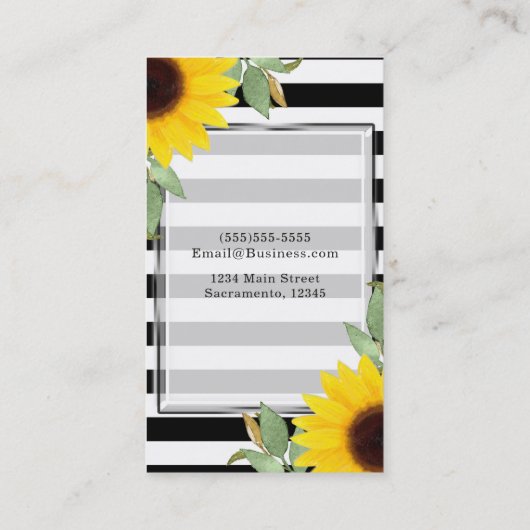 Schwarz-weiße Streifen Ecke Sonnenblumen Blumen Ch Visitenkarte (Rückseite)