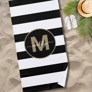 Schwarz Weiße Streifen Elegantes Gold Namensmonogr Strandtuch