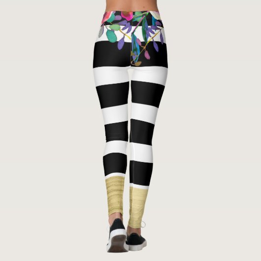 Schwarz-weiße Streifen Glam Gold Moderner Blumench Leggings (Rückseite)