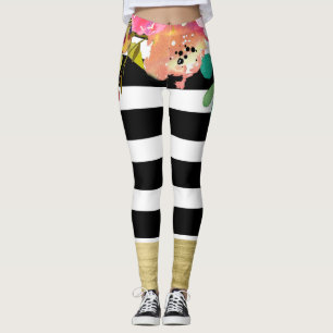 Schwarz Weiße Streifen Glamour Gold Modern Floral  Leggings