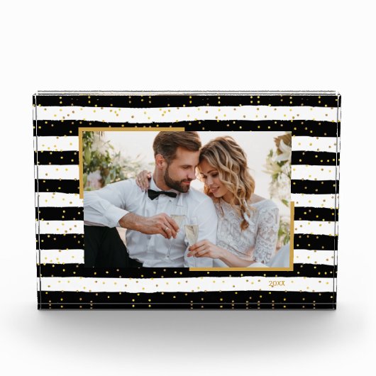 Schwarz-weiße Streifen Gold Dots benutzerdefiniert Fotoblock (Vorderseite)