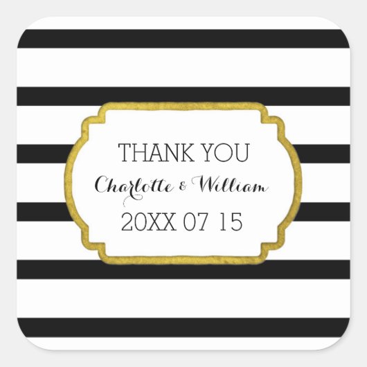 Schwarz-weiße Streifen Gold Gastgeschenk Hochzeit Quadratischer Aufkleber (Vorderseite)